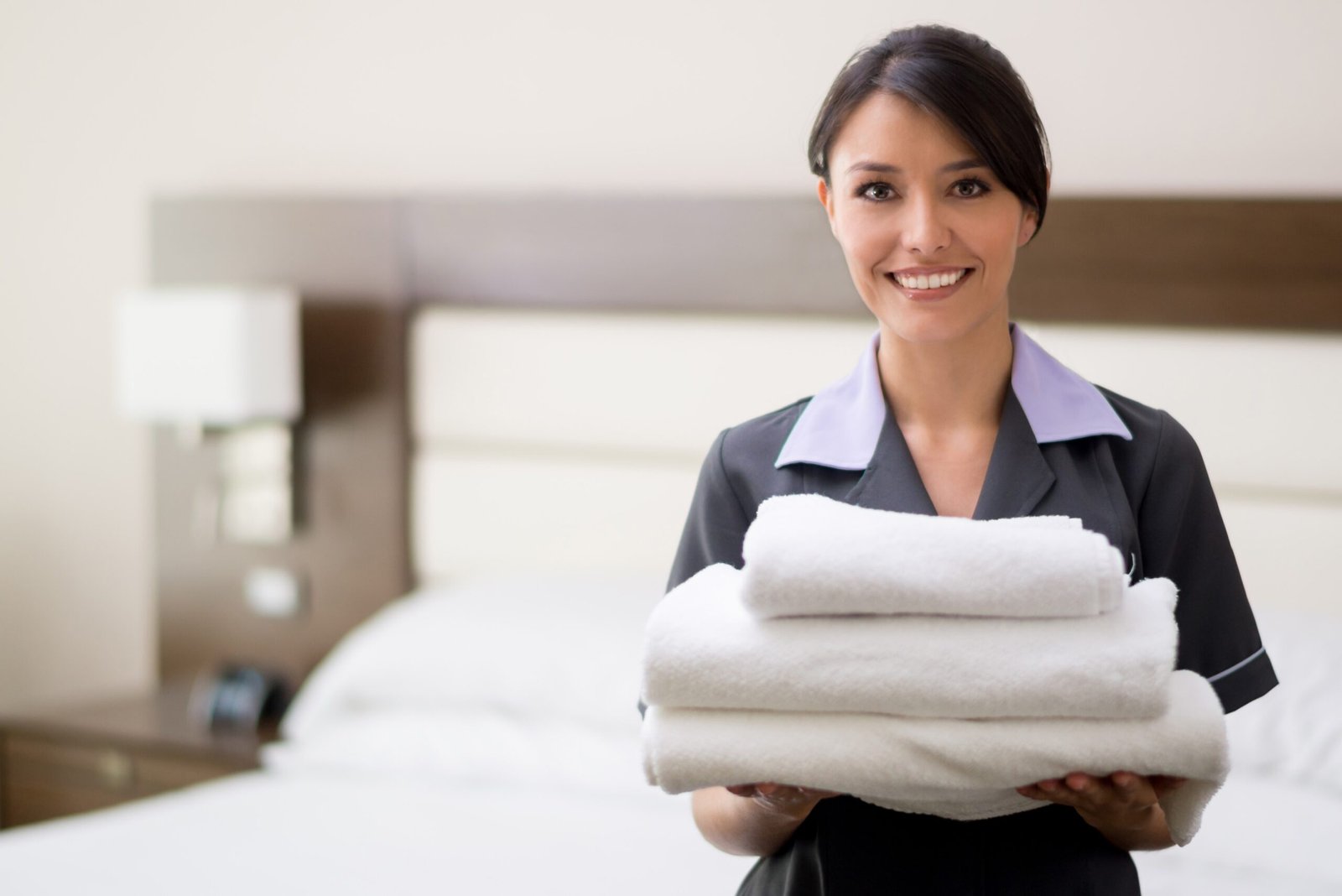 Room cleaner at hotel, holding towels and looking at the camera smiling - housekeeping concepts
